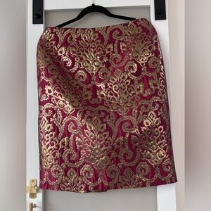 Sunny Leigh Gold and Red Brocade Pencil Skirt